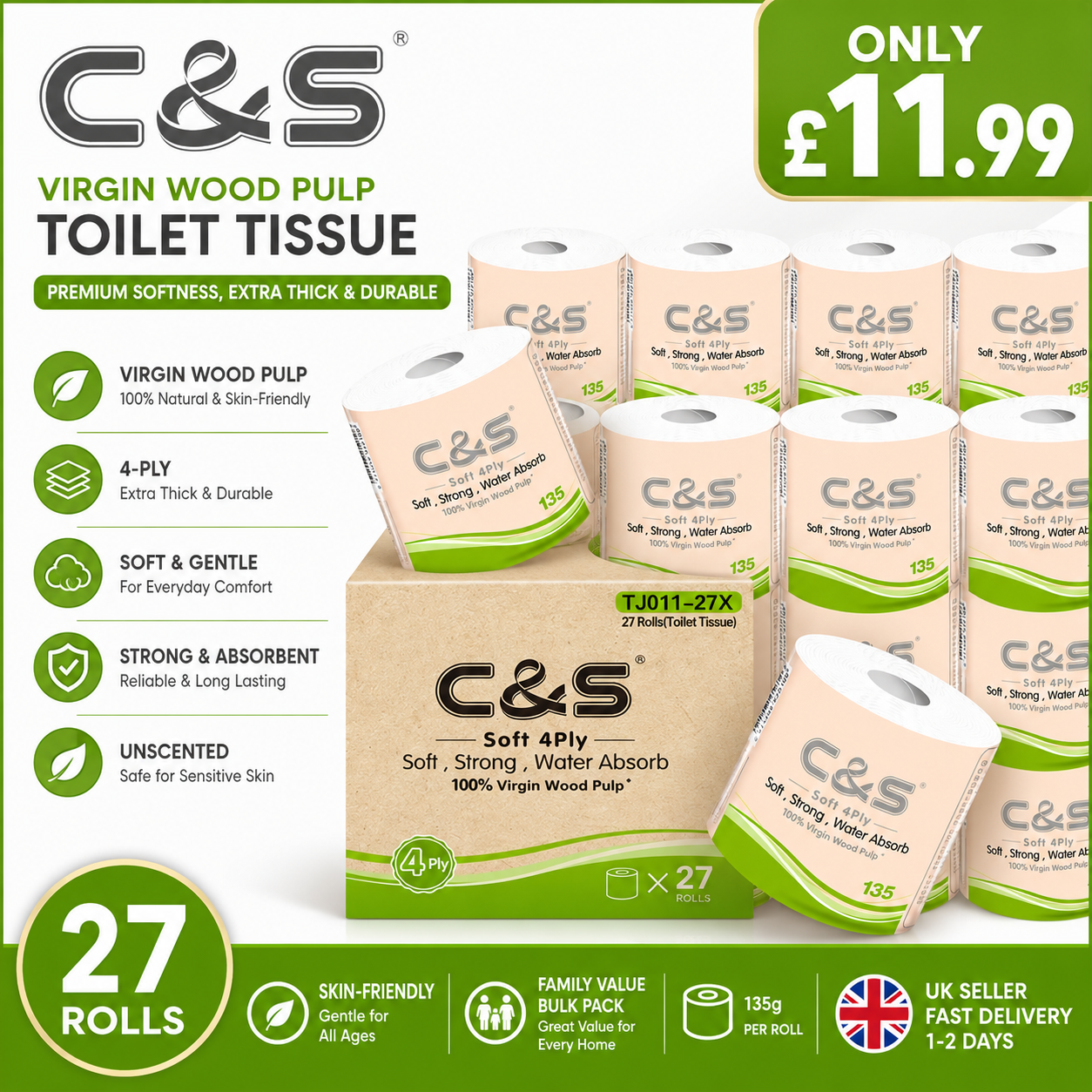 C&S Virgin Wood Pulp Toilet Tissue 4 Ply 27 Rolls | Soft, Strong & Absorbent Toilet Paper Bulk Family Pack | Fast UK Delivery