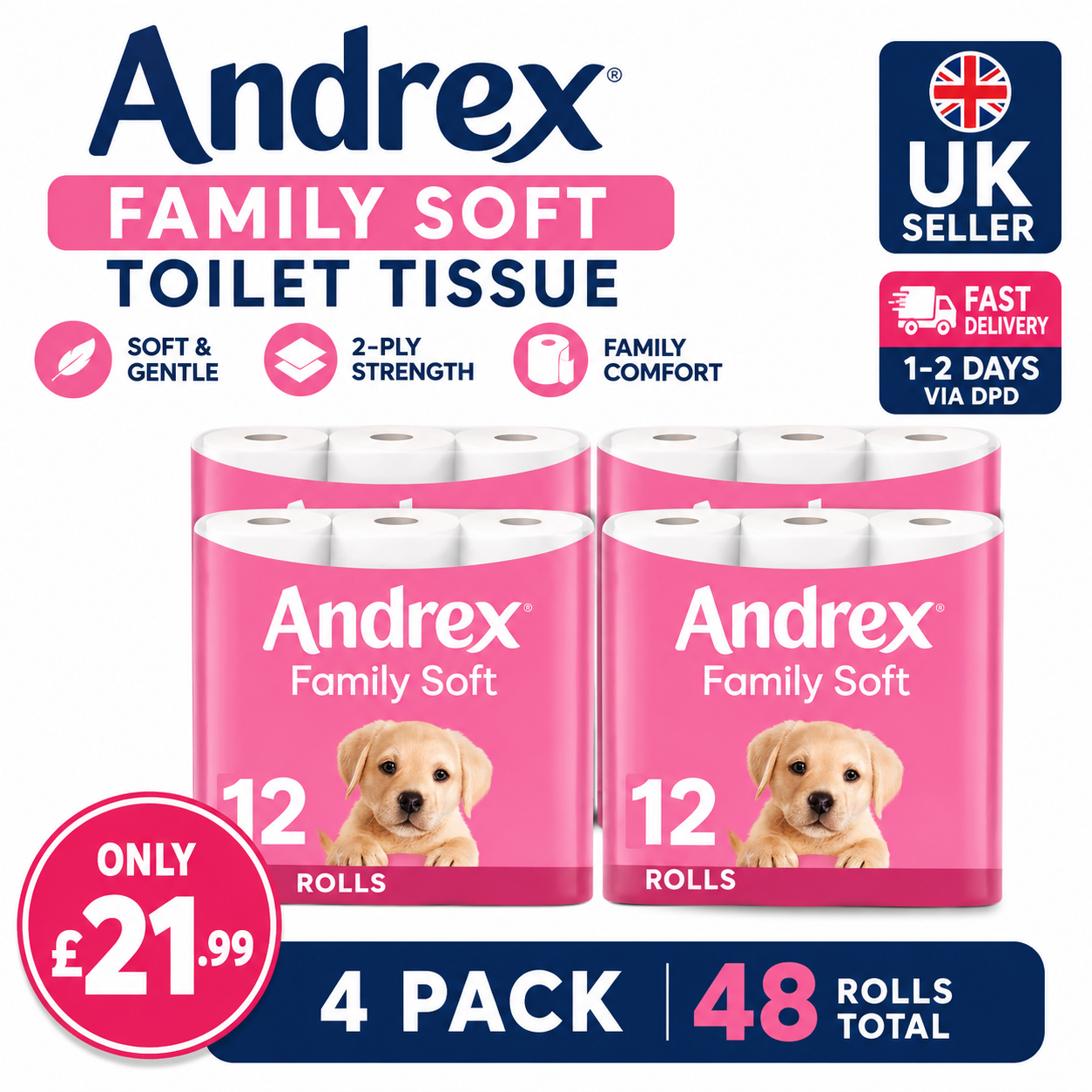 Andrex Family Soft Toilet Tissue 48 Rolls (4 x 12 Rolls) | 2 Ply Soft Toilet Paper | Family Value Pack | Fast UK Delivery
