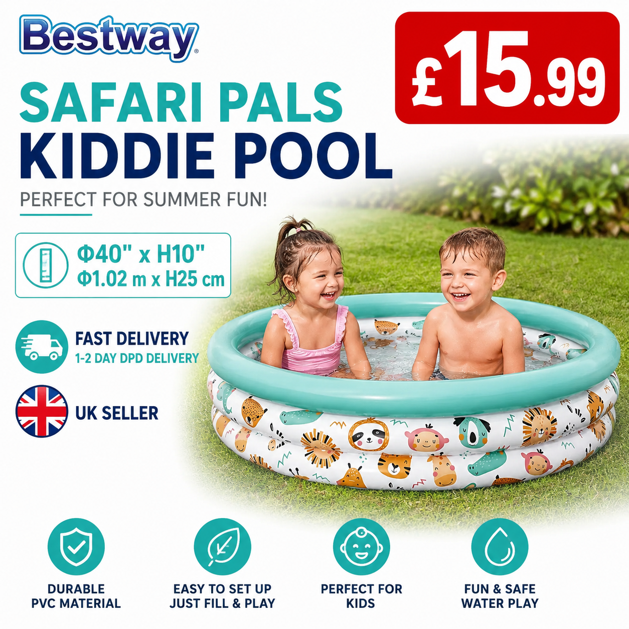 Bestway Safari Pals Kiddie Pool 40" x 10" (1.02m x 25cm) | Inflatable Kids Paddling Pool | Garden Baby Swimming Pool | Fast UK Delivery