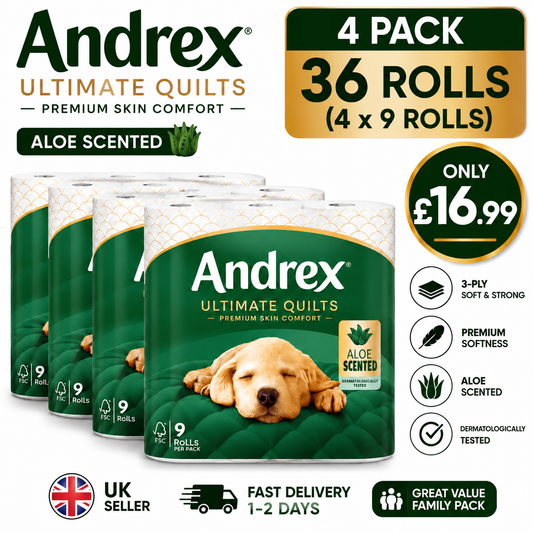 Andrex Ultimate Quilts Aloe Scented Toilet Tissue 3 Ply 36 Rolls (4 x 9 Rolls) Premium Soft Toilet Paper | Fast UK Delivery