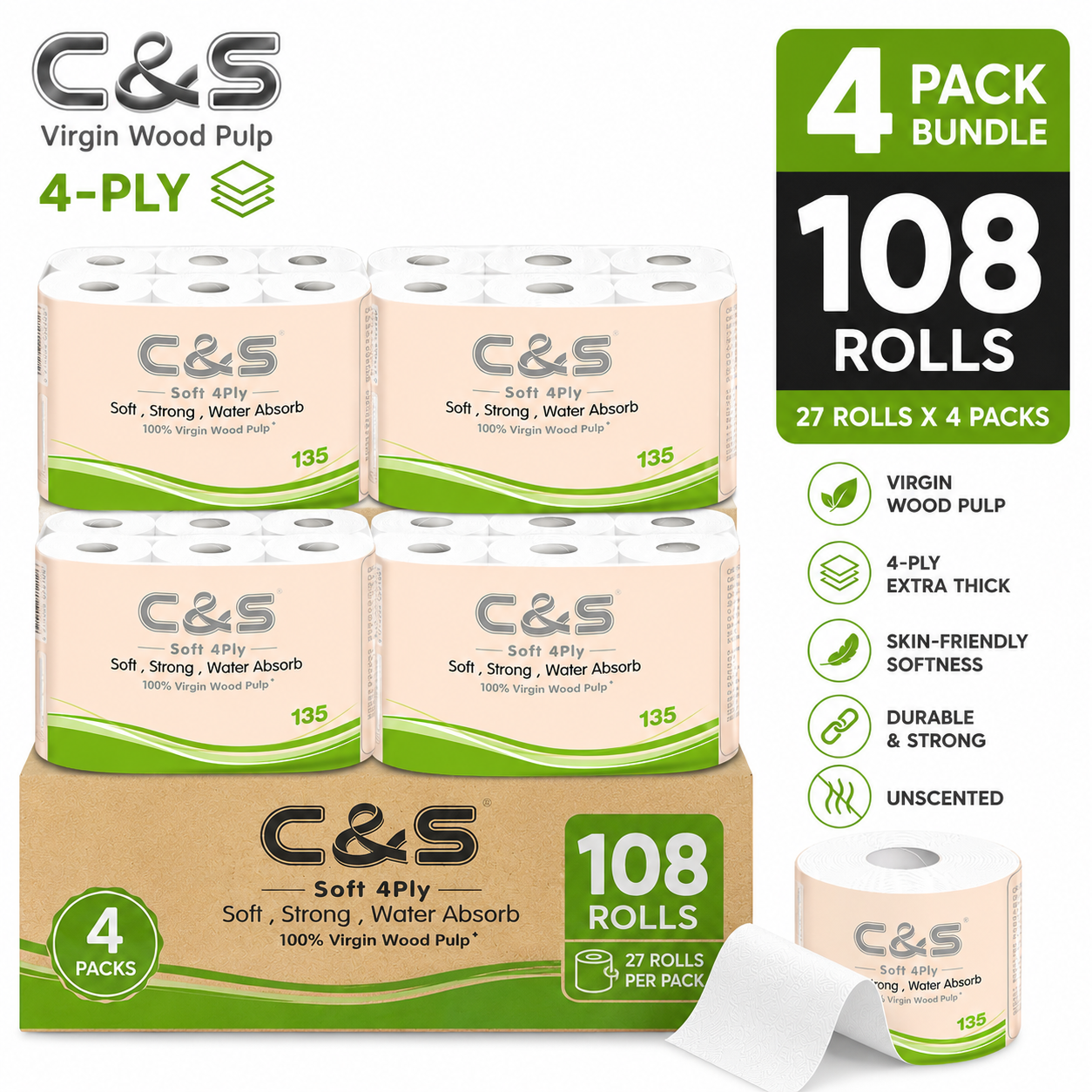 C&S Virgin Wood Pulp Toilet Tissue 4 Ply 108 Rolls | Soft, Strong & Absorbent Toilet Paper Bulk Family Pack | Fast UK Delivery