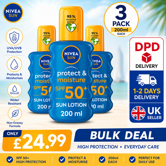 NIVEA Sun Protect & Moisture SPF 50+ Sunscreen Lotion 200ml (Pack of 3) | Bulk Deal