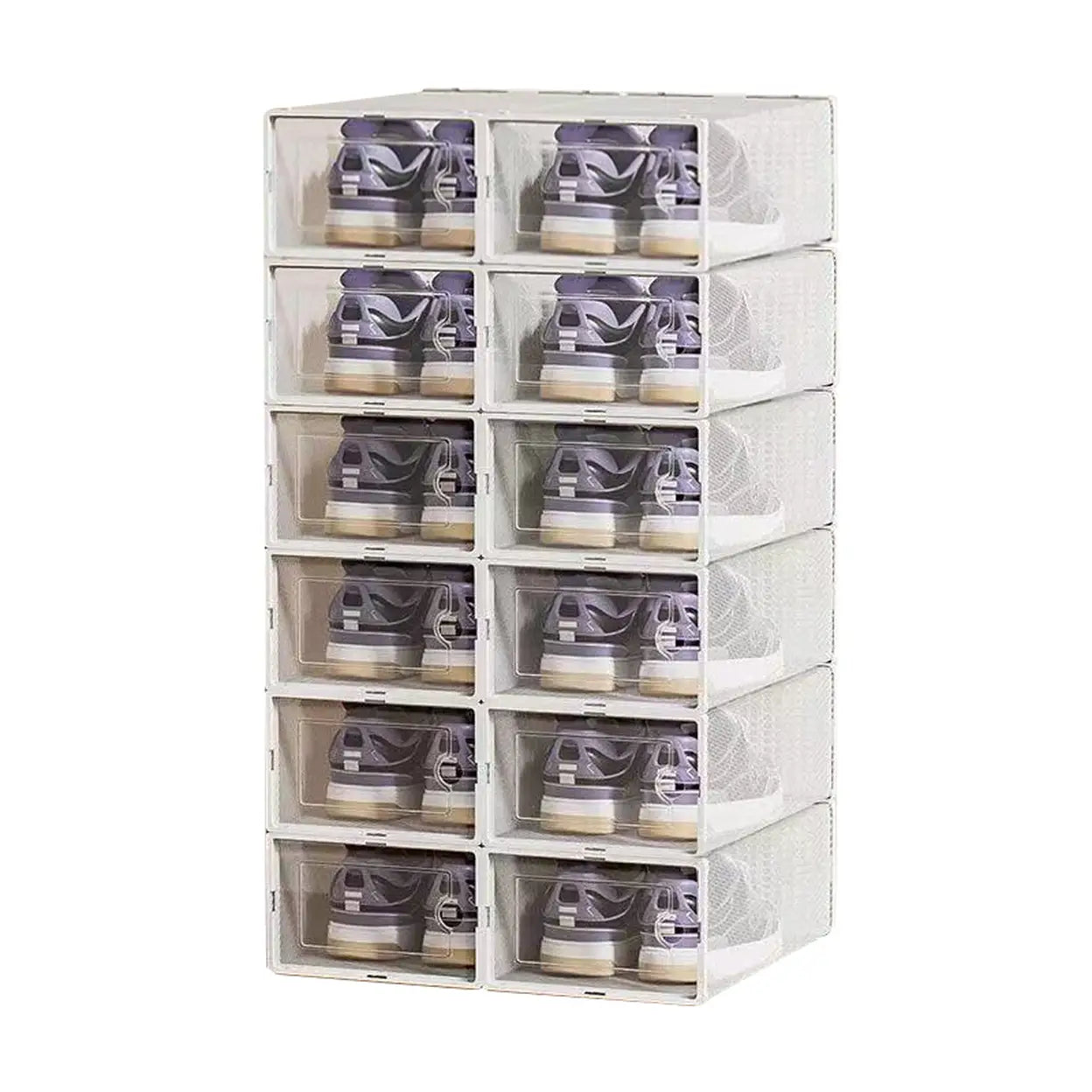 Extra Large Shoe Storage Boxes 12 Pack White | Clear Plastic Sneaker Organizer with Self-Closing Door | Stackable Shoe Storage for Closet