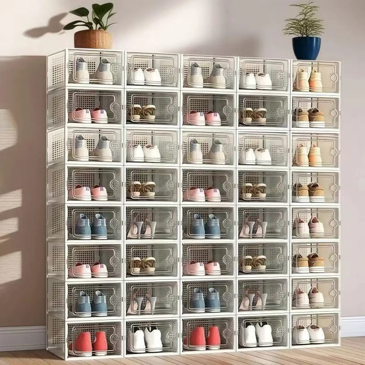 Extra Large Shoe Storage Boxes 12 Pack White | Clear Plastic Sneaker Organizer with Self-Closing Door | Stackable Shoe Storage for Closet