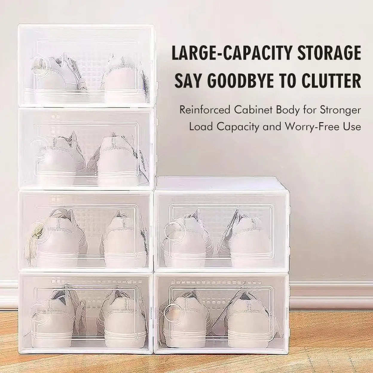 Extra Large Shoe Storage Boxes 12 Pack White | Clear Plastic Sneaker Organizer with Self-Closing Door | Stackable Shoe Storage for Closet