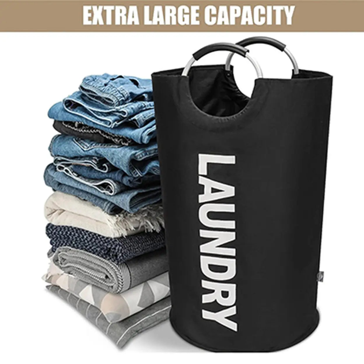 90L Large Laundry Hamper 2 Pack | Foldable Dirty Clothes Basket with Metal Handles | Laundry Storage Basket Black, Grey & White | Free UK Delivery