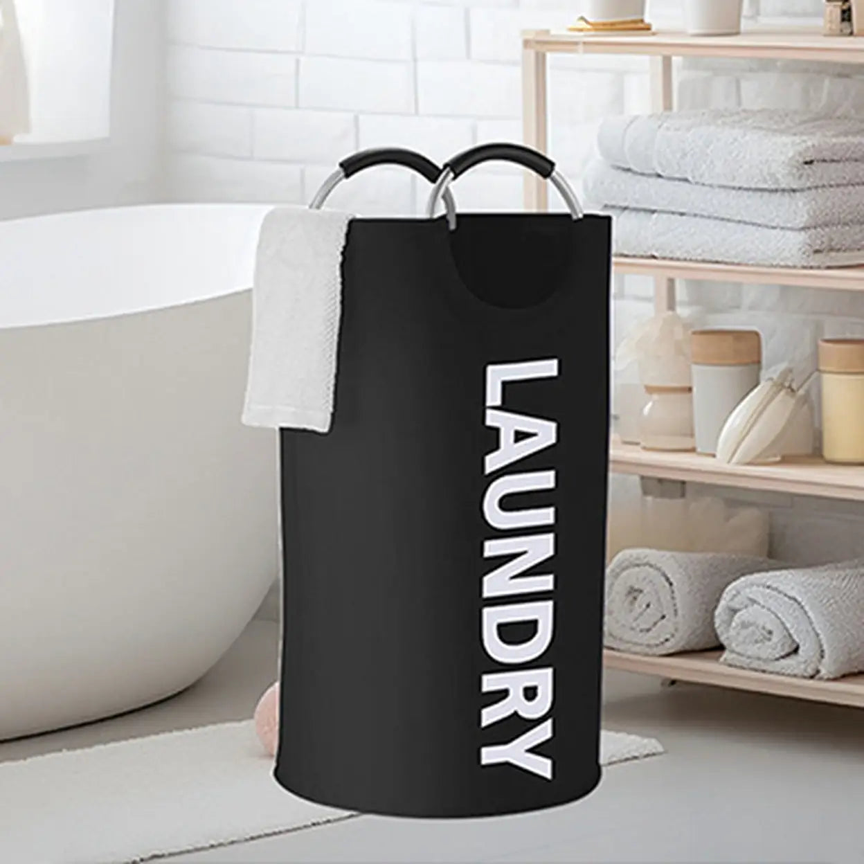 90L Large Laundry Hamper 2 Pack | Foldable Dirty Clothes Basket with Metal Handles | Laundry Storage Basket Black, Grey & White | Free UK Delivery
