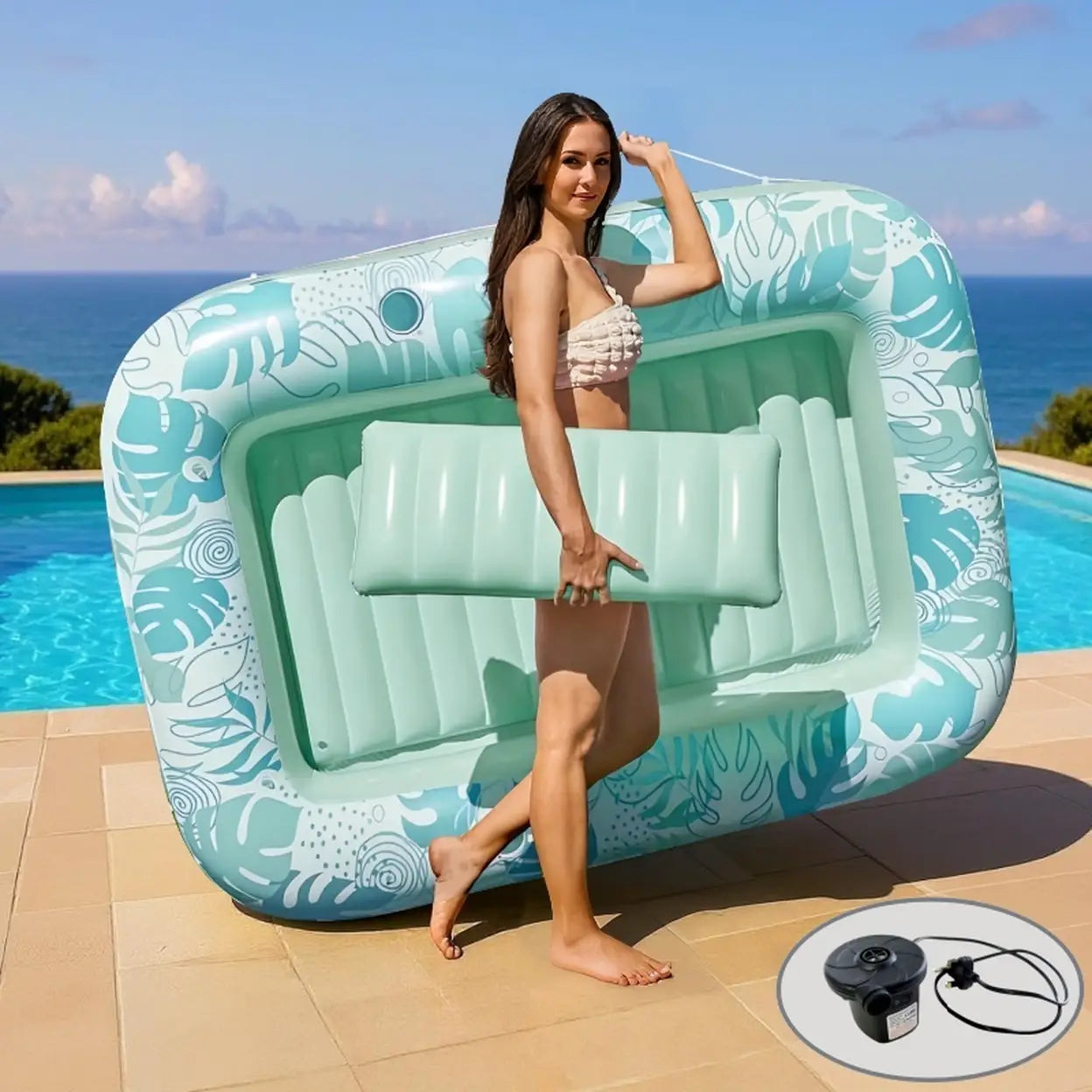 Solar Inflatable Family Pool with Automatic Pump | Pink & Green | Large Garden Swimming Pool | Fast UK Delivery