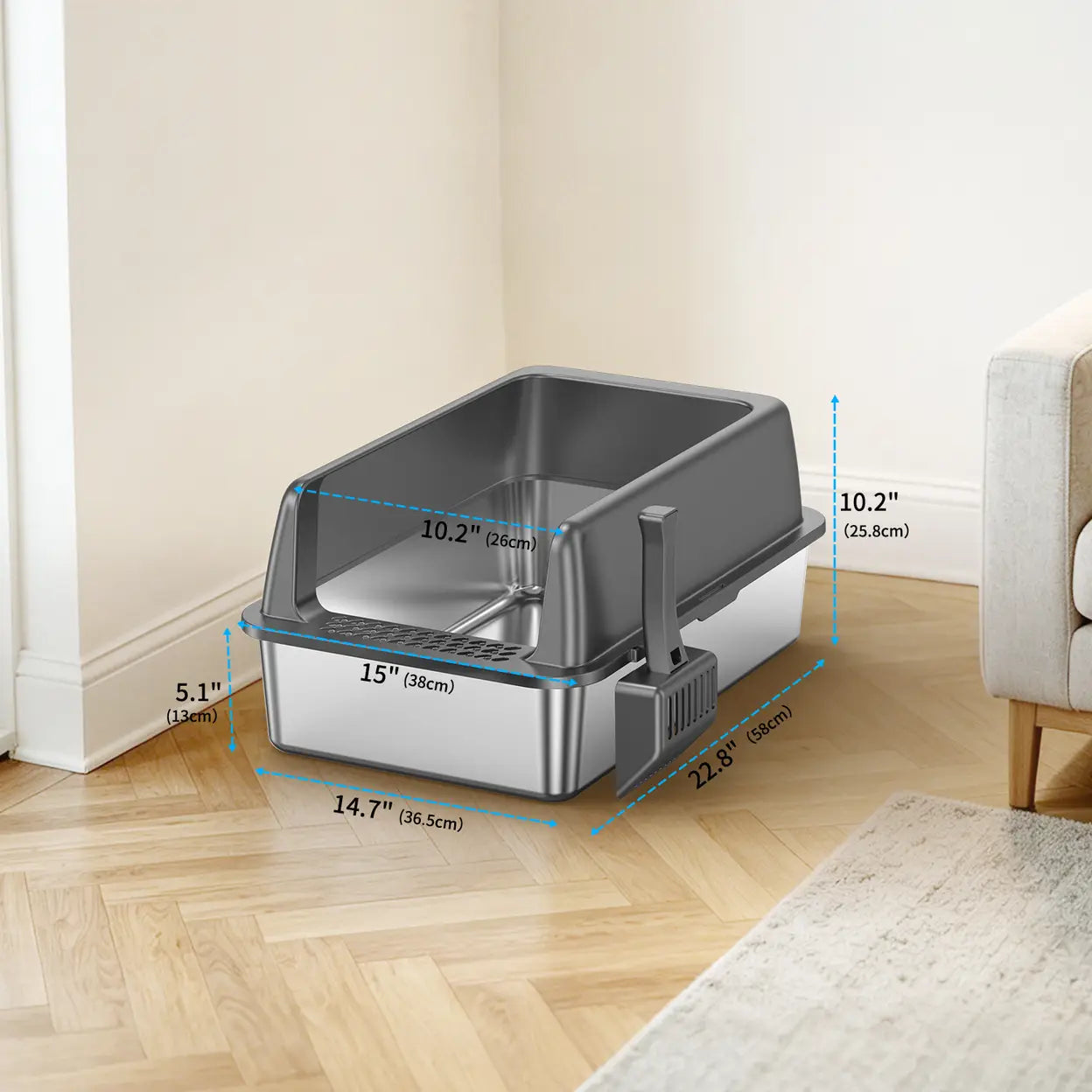 Extra Large Stainless Steel Cat Litter Box with Lid XL | High Sided Metal Litter Tray | Anti-Leak | Easy Clean | UK Seller