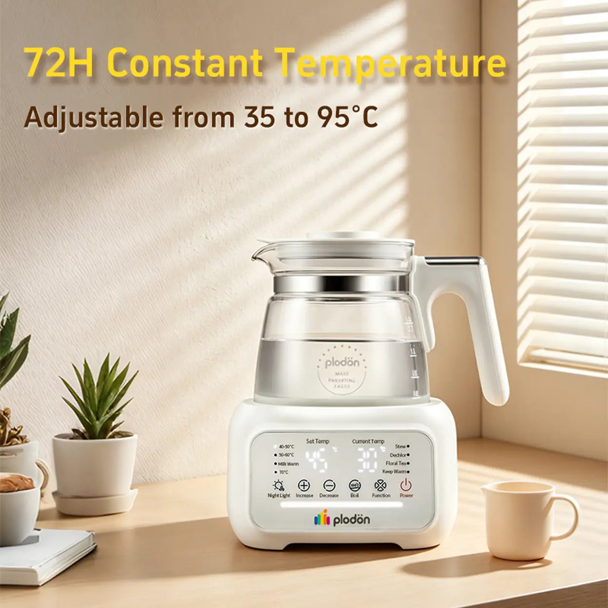 Plodon 1.3L Smart Glass Electric Kettle | 72H Keep Warm | Temperature Control | UK Plug