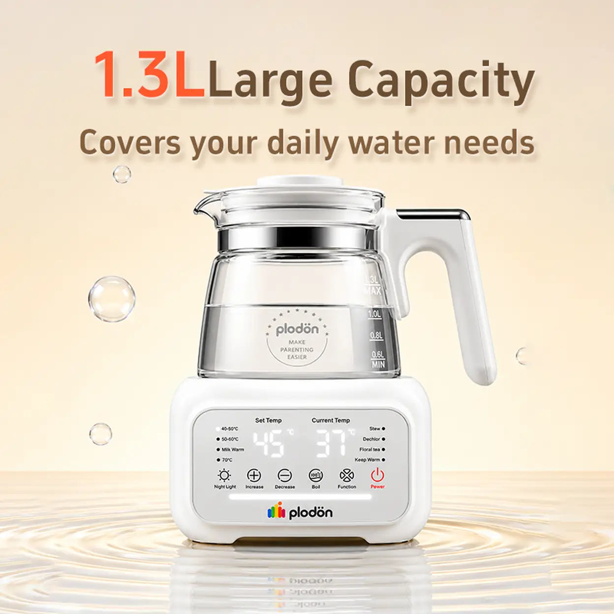 Plodon 1.3L Smart Glass Electric Kettle | 72H Keep Warm | Temperature Control | UK Plug