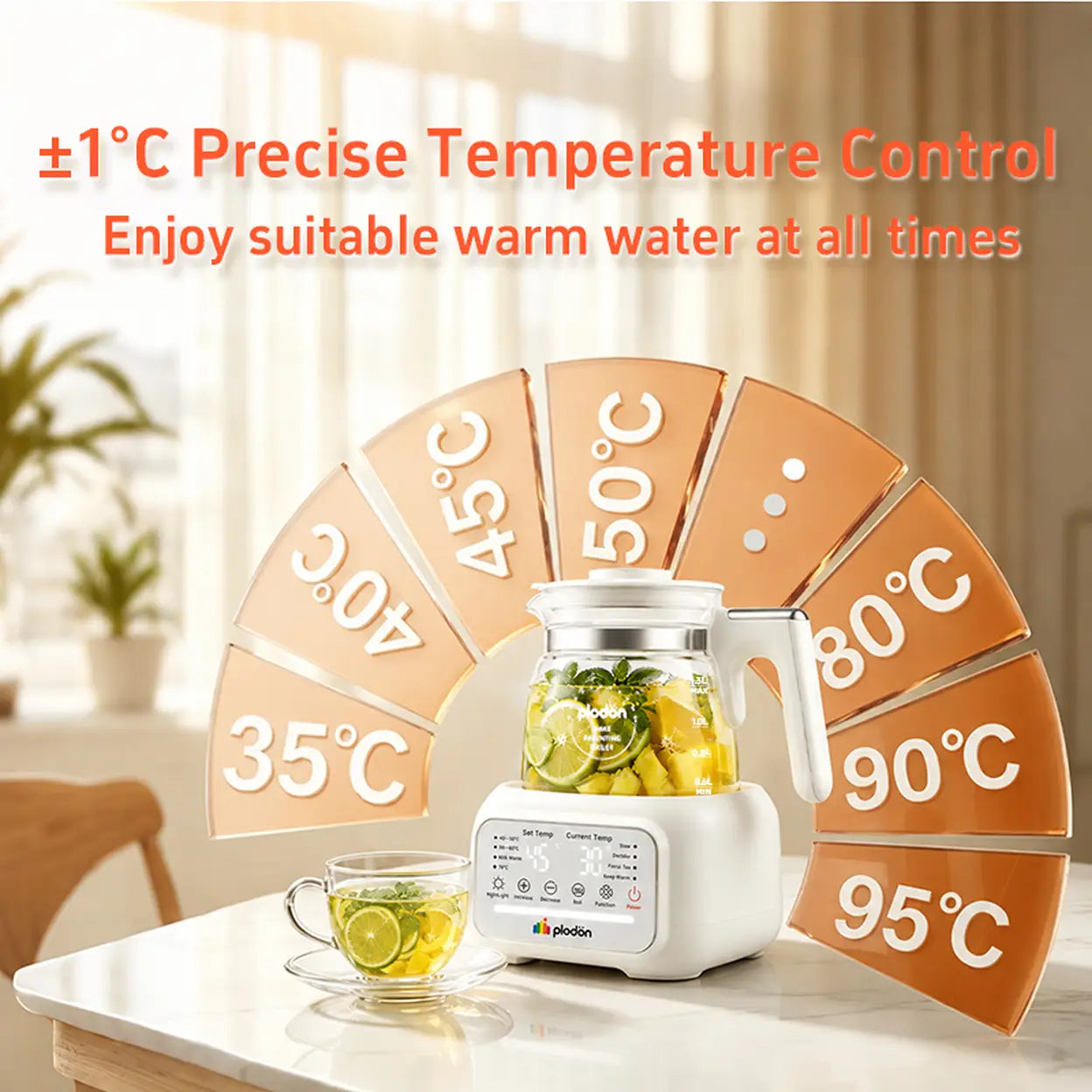 Plodon 1.3L Smart Glass Electric Kettle | 72H Keep Warm | Temperature Control | UK Plug