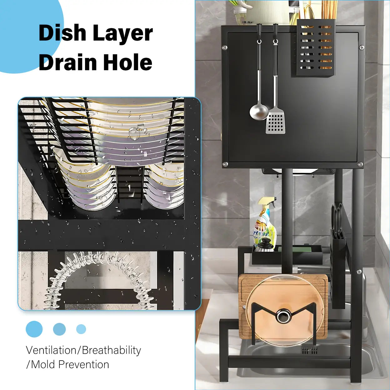 Multifunctional Dish Drainer Rack with Dust Cover Door | Over Sink Kitchen Plate Drying Rack | Black