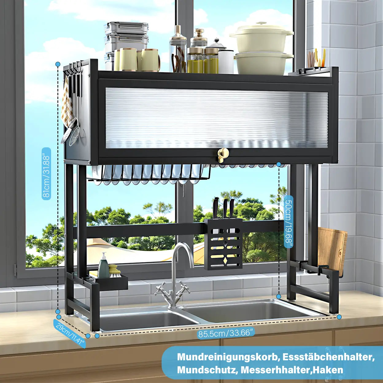 Multifunctional Dish Drainer Rack with Dust Cover Door | Over Sink Kitchen Plate Drying Rack | Black