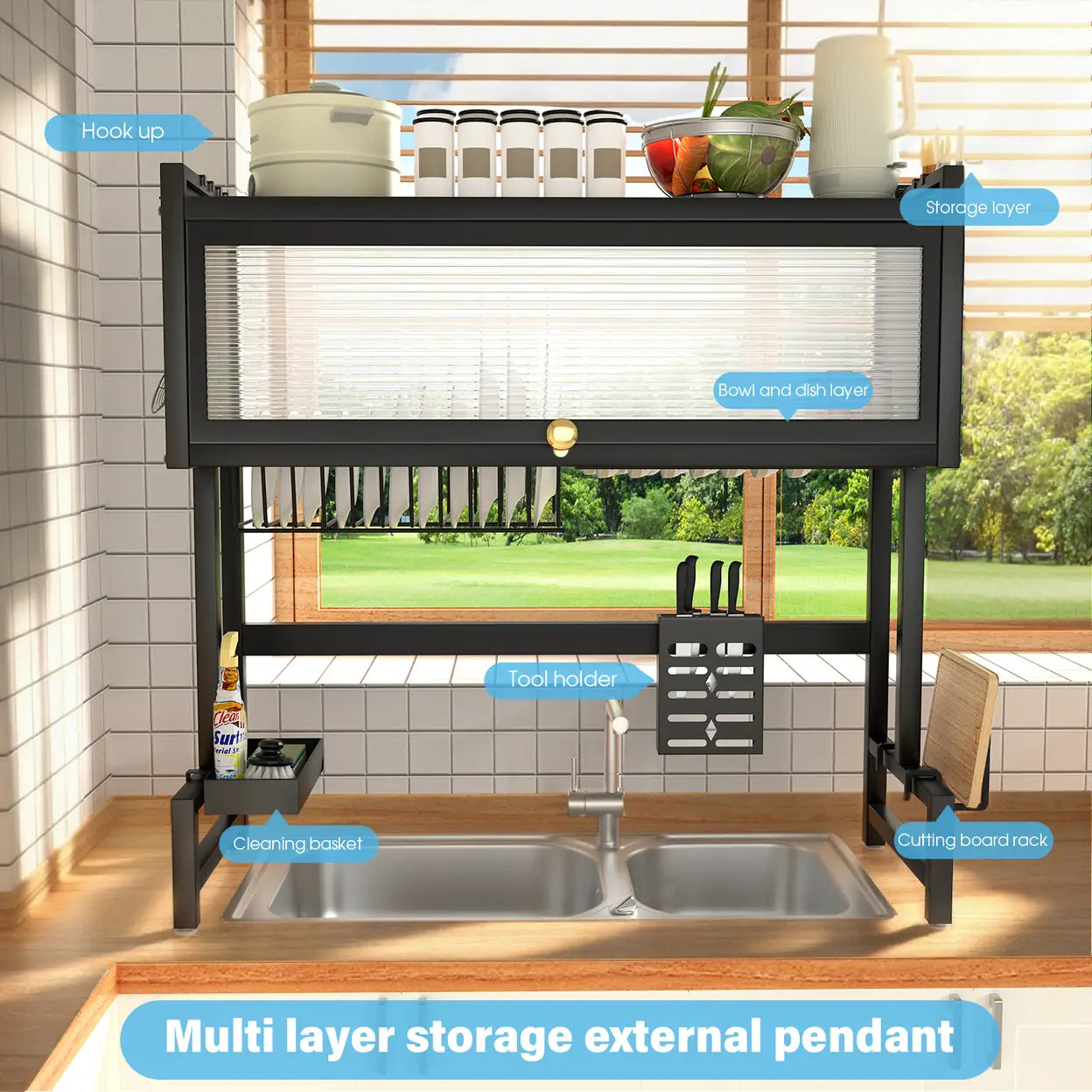 Multifunctional Dish Drainer Rack with Dust Cover Door | Over Sink Kitchen Plate Drying Rack | Black