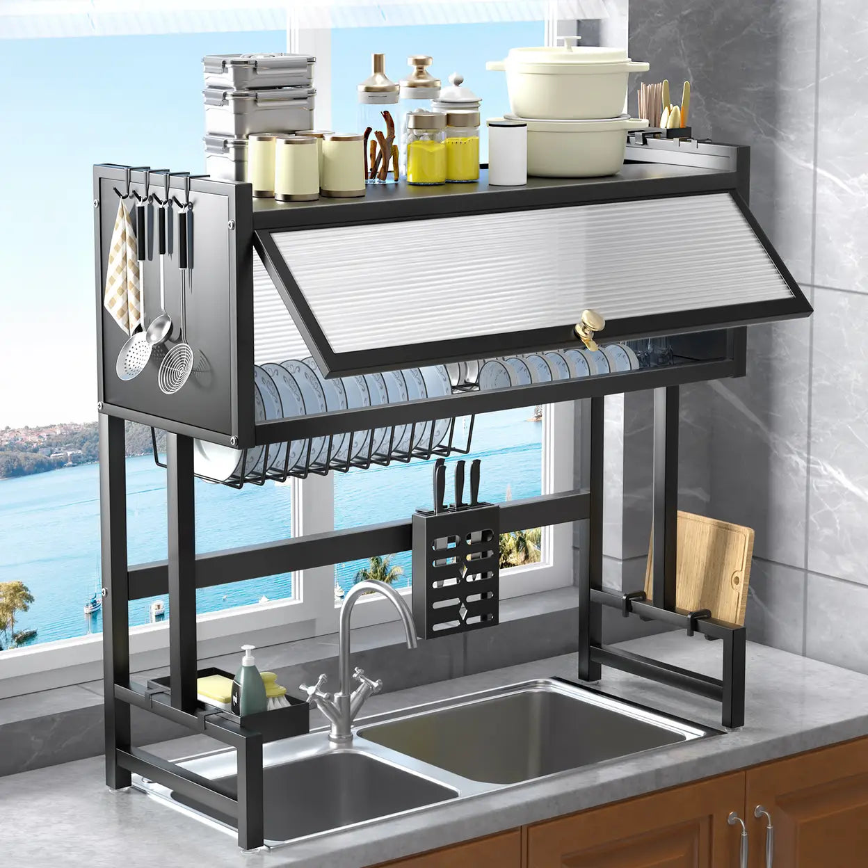 Multifunctional Dish Drainer Rack with Dust Cover Door | Over Sink Kitchen Plate Drying Rack | Black