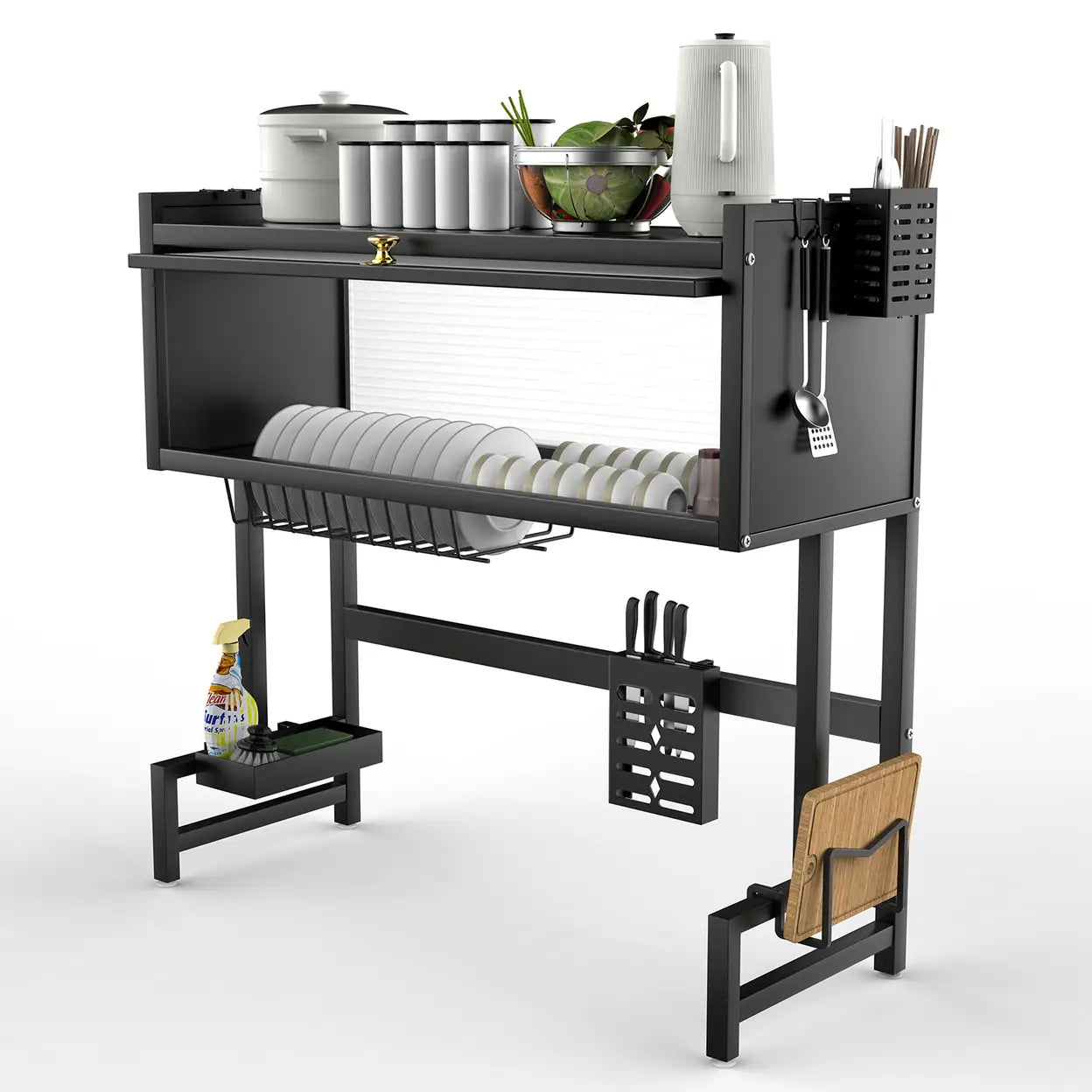 Multifunctional Dish Drainer Rack with Dust Cover Door | Over Sink Kitchen Plate Drying Rack | Black