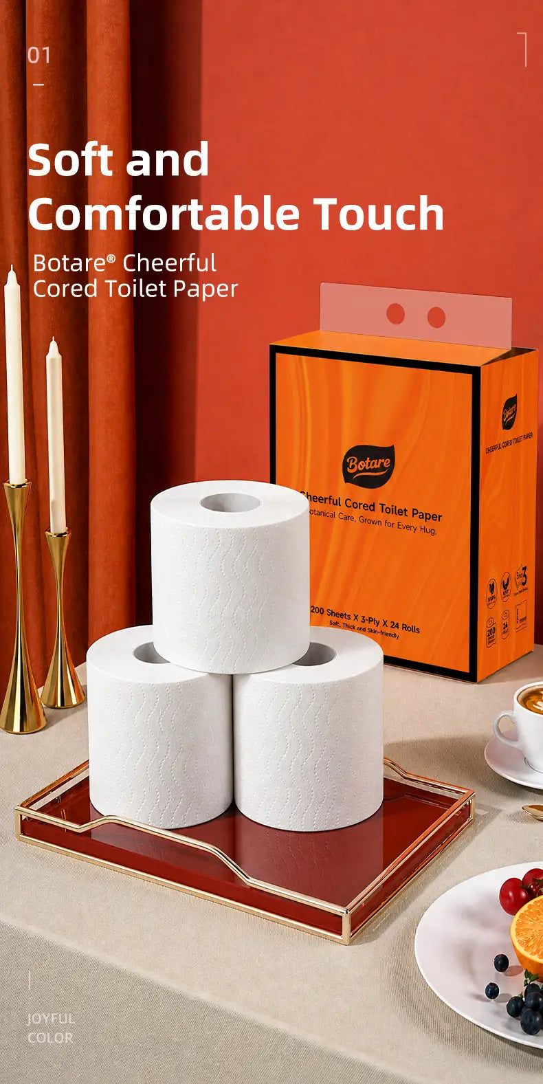 Botare 3-Ply Mega Roll Toilet Paper 96 Rolls (4 x 24 Rolls) | 200 Sheets Per Roll | Soft & Strong