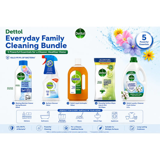Dettol Everyday Family Cleaning Bundle | 5 Household Cleaning Essentials | Surface Cleaner, Antiseptic, Laundry Cleaner & Wipes | UK Seller