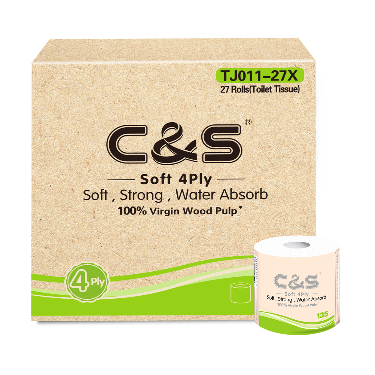 C&S Virgin Wood Pulp Toilet Tissue 108 Rolls | 4 Ply | 135g Per Roll | Extra Thick Soft Toilet Paper | Family Bulk Pack | UK Seller