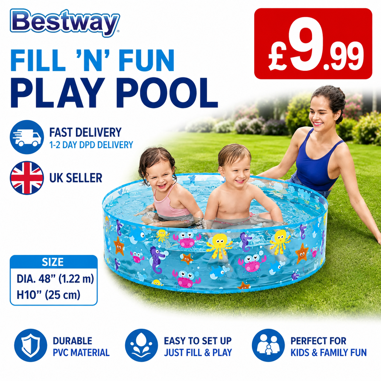 Bestway Fill 'N' Fun Play Pool 48" x 10" (1.22m x 25cm) | Kids Garden Paddling Pool | Outdoor Summer Splash Pool | Fast UK Delivery