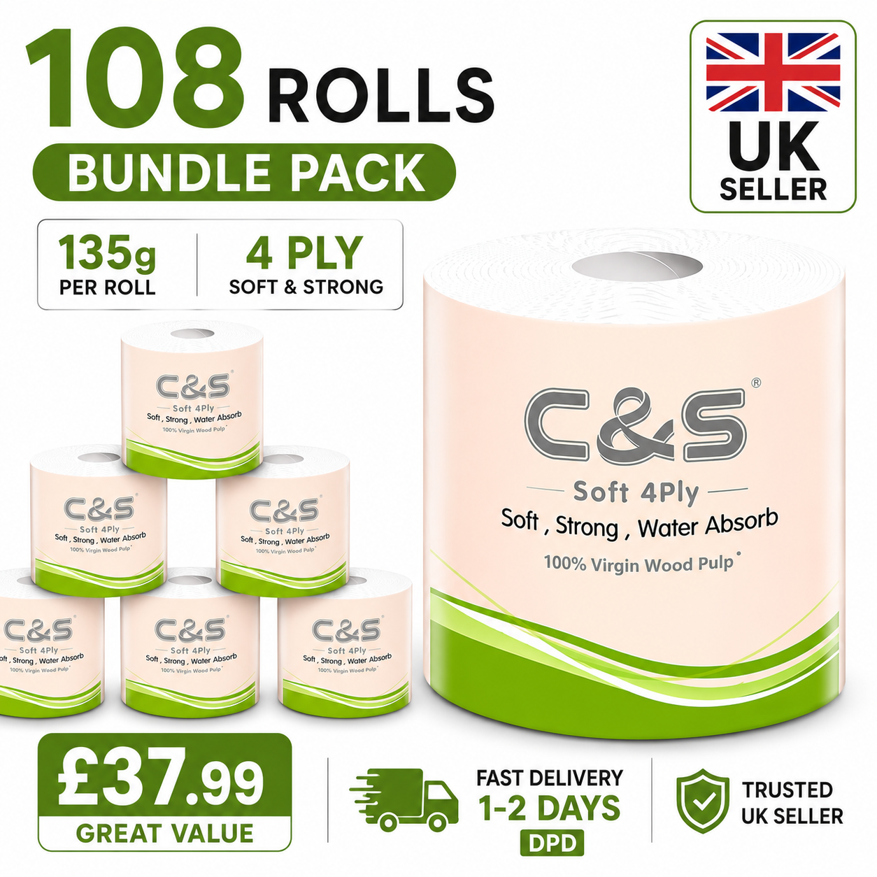 C&S Virgin Wood Pulp Toilet Tissue 108 Rolls | 4 Ply | 135g Per Roll | Extra Thick Soft Toilet Paper | Family Bulk Pack | UK Seller