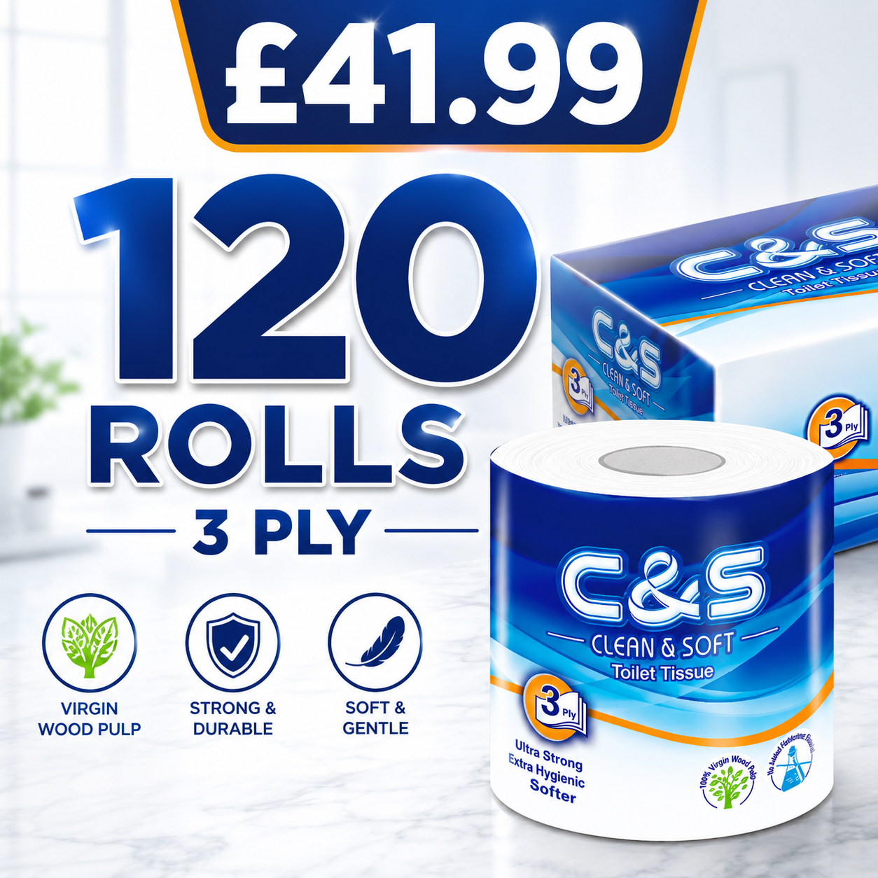 C&S Virgin Wood Pulp Toilet Tissue 3 Ply | 120 Rolls Family Pack | Soft & Durable | £41.99