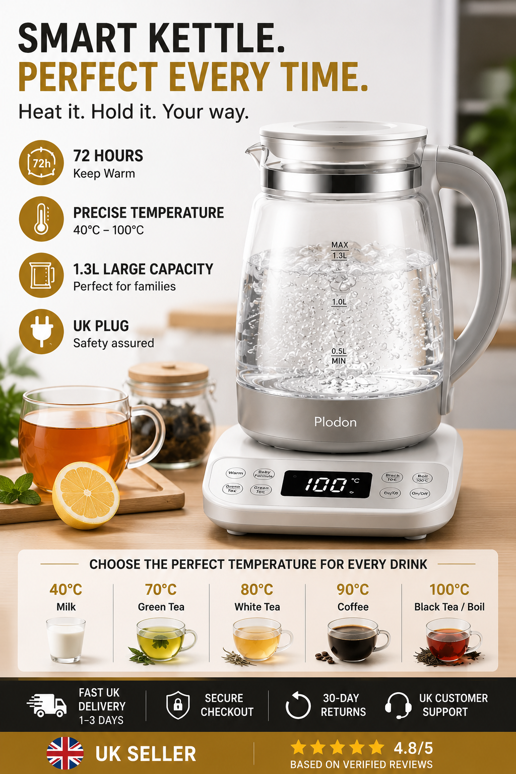 Plodon 1.3L Smart Glass Electric Kettle | 72H Keep Warm | Temperature Control | UK Plug