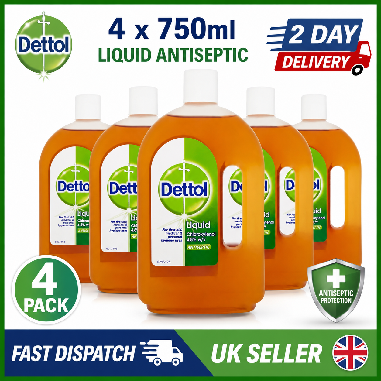 Dettol Liquid Antiseptic 750ml x4 Pack | First Aid, Personal Hygiene & Household Disinfectant | UK Seller Fast Dispatch