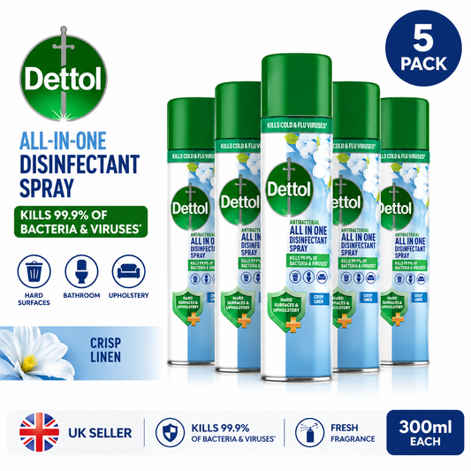 Dettol All-In-One Disinfectant Spray Crisp Linen 300ml x 5 Pack | Multi-Surface Antibacterial Aerosol Spray | UK Seller