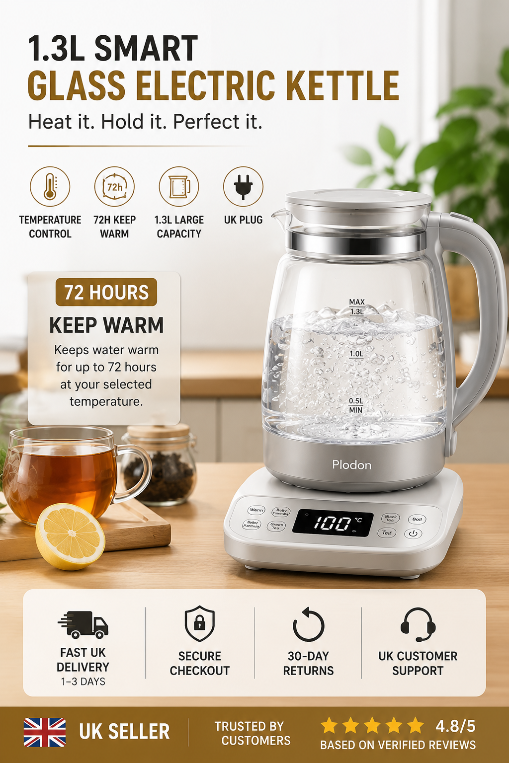 Plodon 1.3L Smart Glass Electric Kettle | 72H Keep Warm | Temperature Control | UK Plug