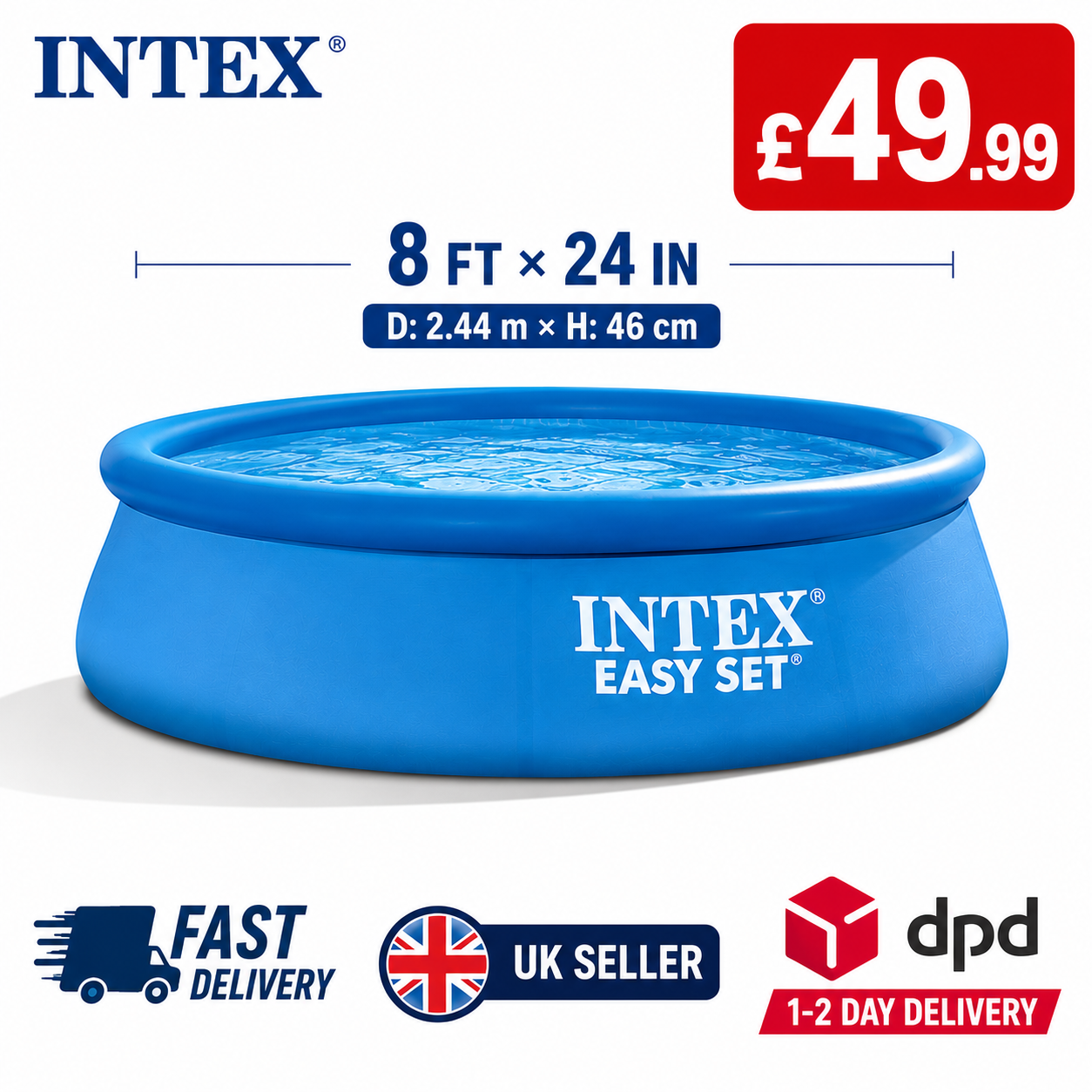 Intex Easy Set Swimming Pool 8ft x 24in (2.44m x 46cm) | Family Inflatable Garden Pool | Outdoor Summer Pool | Fast UK Delivery