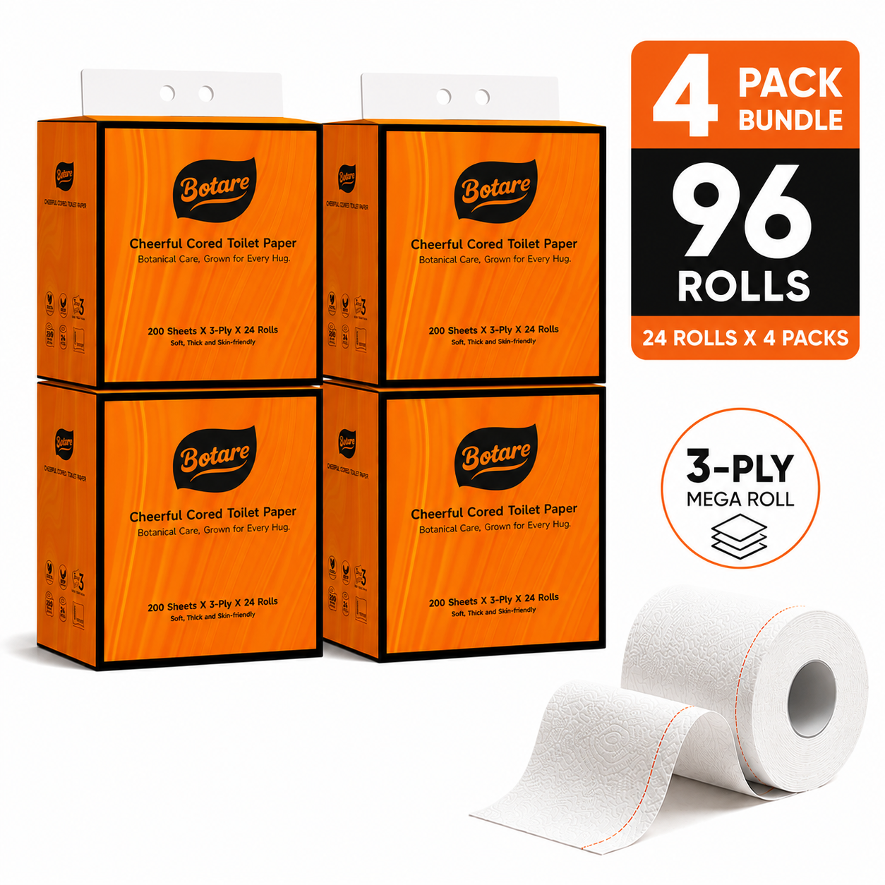 Botare 3-Ply Mega Roll Toilet Paper 96 Rolls (4 x 24 Rolls) | 200 Sheets Per Roll | Soft & Strong