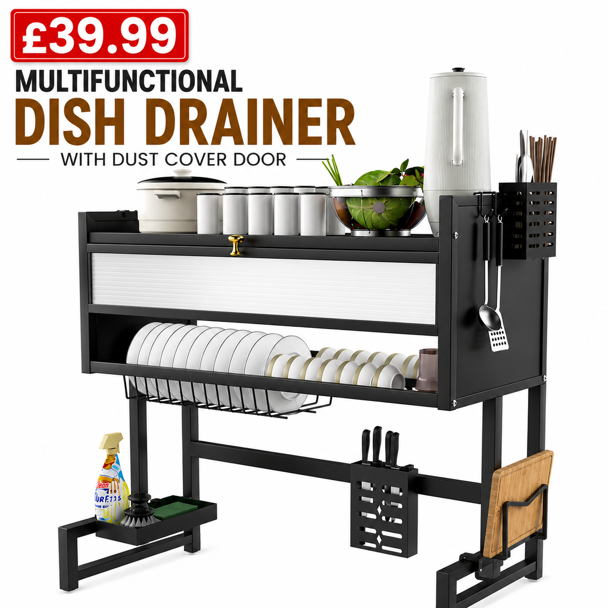 Multifunctional Dish Drainer Rack with Dust Cover Door | Over Sink Kitchen Plate Drying Rack | Black