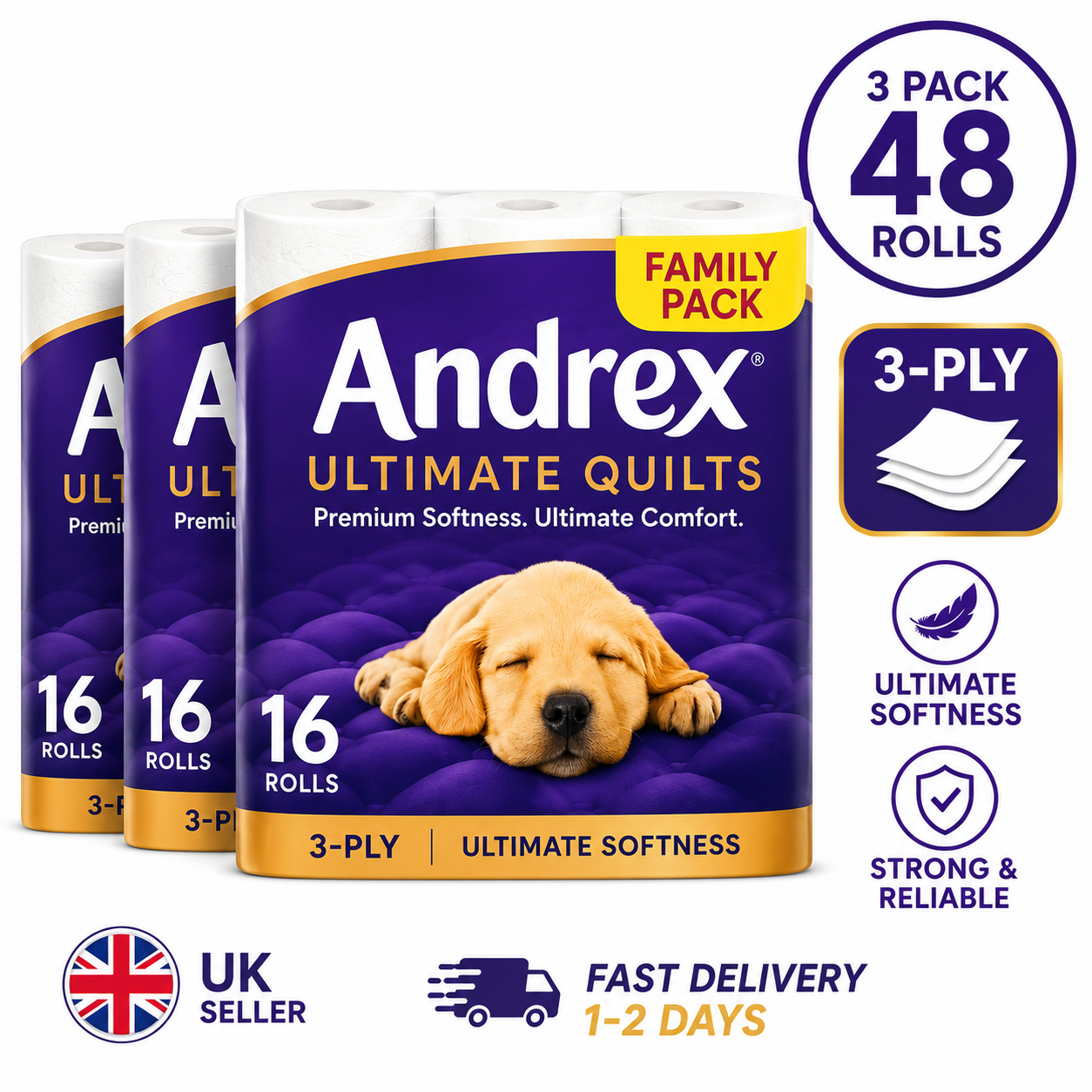 Andrex Ultimate Quilts Toilet Tissue 3 Ply 48 Rolls (3 x 16 Rolls) Premium Soft Toilet Paper | Fast UK Delivery