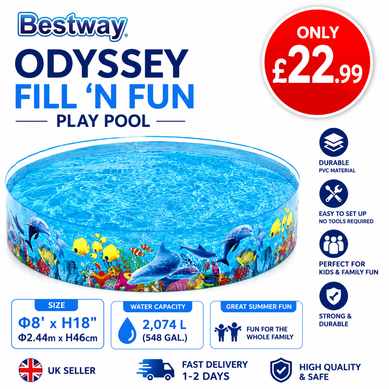 Bestway Odyssey Fill 'n Fun Play Pool 8ft x 18in (2.44m x 46cm) Kids Garden Paddling Pool | Fast UK Delivery