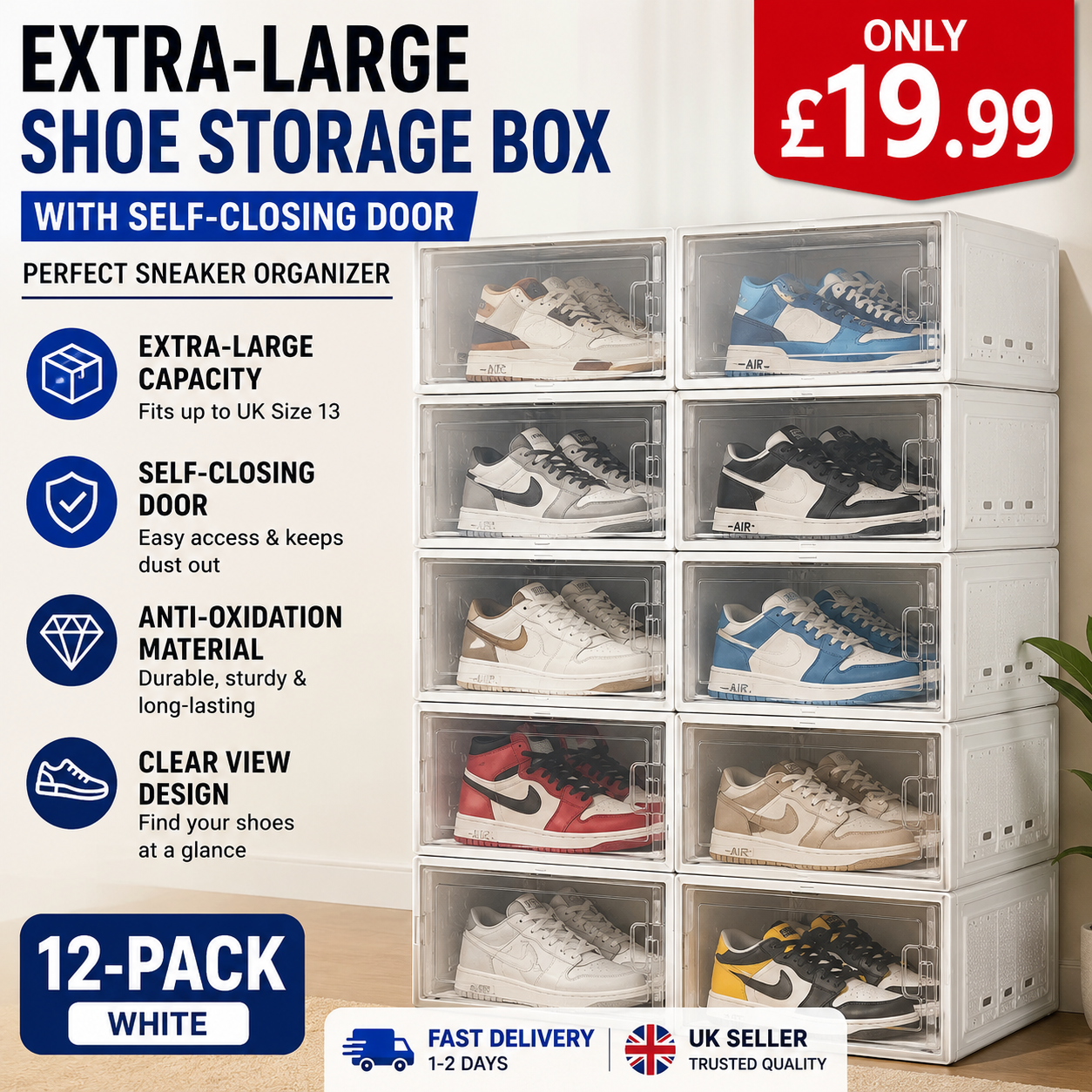 Extra Large Shoe Storage Boxes 12 Pack White | Clear Plastic Sneaker Organizer with Self-Closing Door | Stackable Shoe Storage for Closet