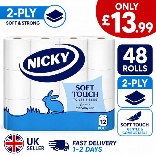 Nicky Soft Touch Toilet Tissue 2 Ply 48 Rolls (4 x 12 Rolls) Soft Toilet Paper Bulk Pack | Fast UK Delivery
