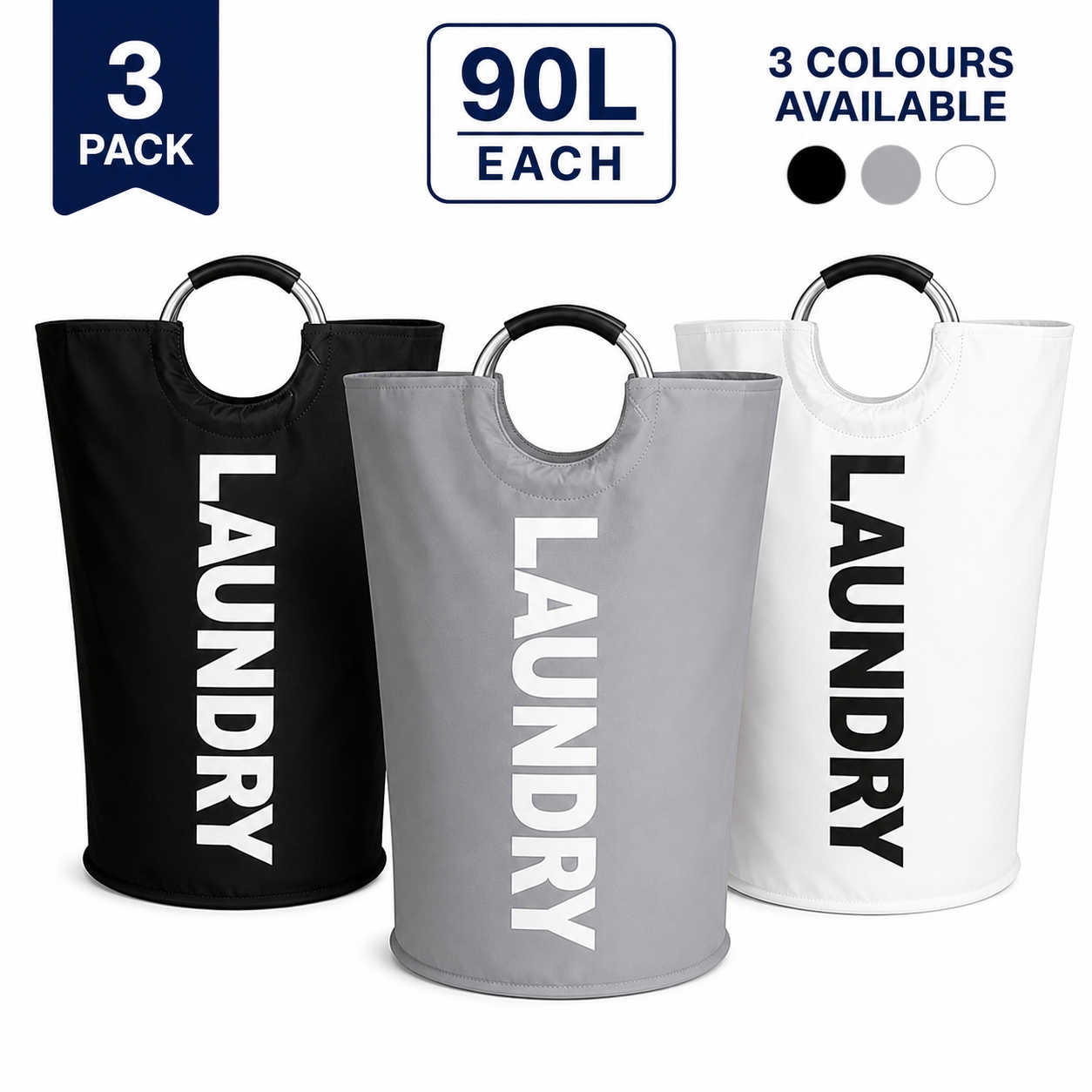 90L Large Laundry Hamper 3 Pack | Foldable Dirty Clothes Basket with Metal Handles | Laundry Storage Basket Black, Grey & White | Free UK Delivery