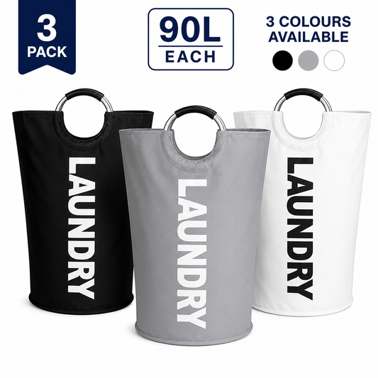 90L Large Laundry Hamper 3 Pack | Foldable Dirty Clothes Basket with Metal Handles | Laundry Storage Basket Black, Grey & White | Free UK Delivery