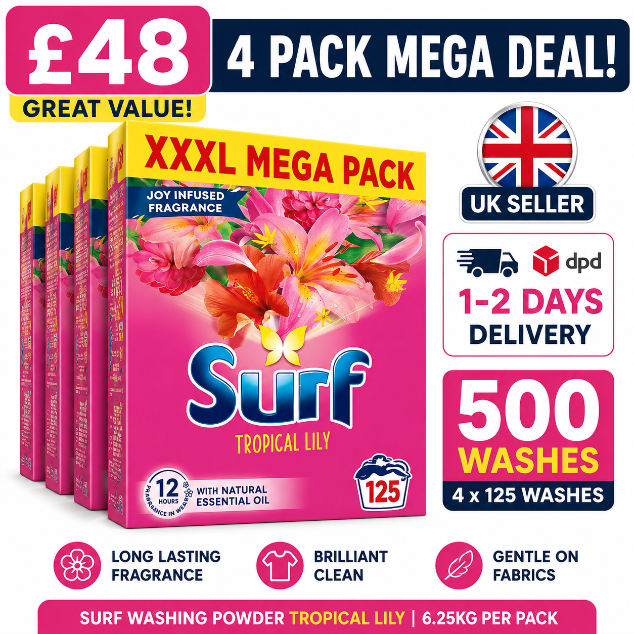 Surf Tropical Lily Washing Powder 4 x 125 Washes (500 Total Washes) 6.25kg XXL Mega Pack Laundry Detergent UK Seller Fast DPD Delivery