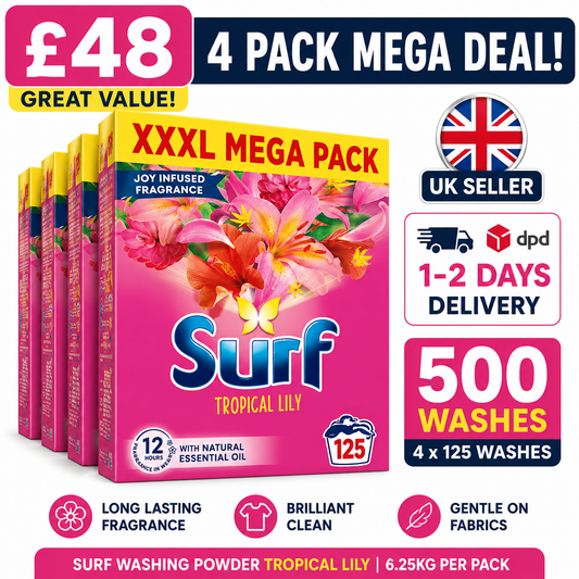 Surf Tropical Lily Washing Powder 4 x 125 Washes (500 Total Washes) 6.25kg XXL Mega Pack Laundry Detergent UK Seller Fast DPD Delivery