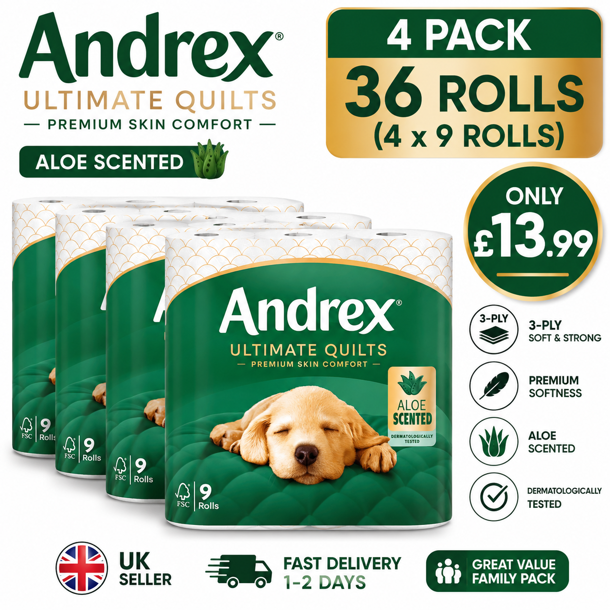 Andrex Ultimate Quilts Aloe Scented Toilet Tissue 3 Ply 36 Rolls (4 x 9 Rolls) Premium Soft Toilet Paper | Fast UK Delivery