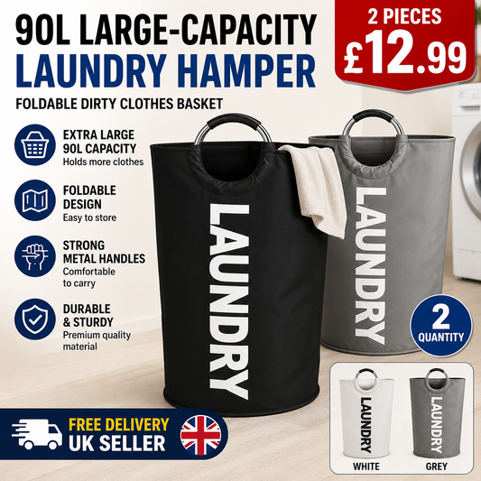 90L Large Laundry Hamper 2 Pack | Foldable Dirty Clothes Basket with Metal Handles | Laundry Storage Basket Black, Grey & White | Free UK Delivery