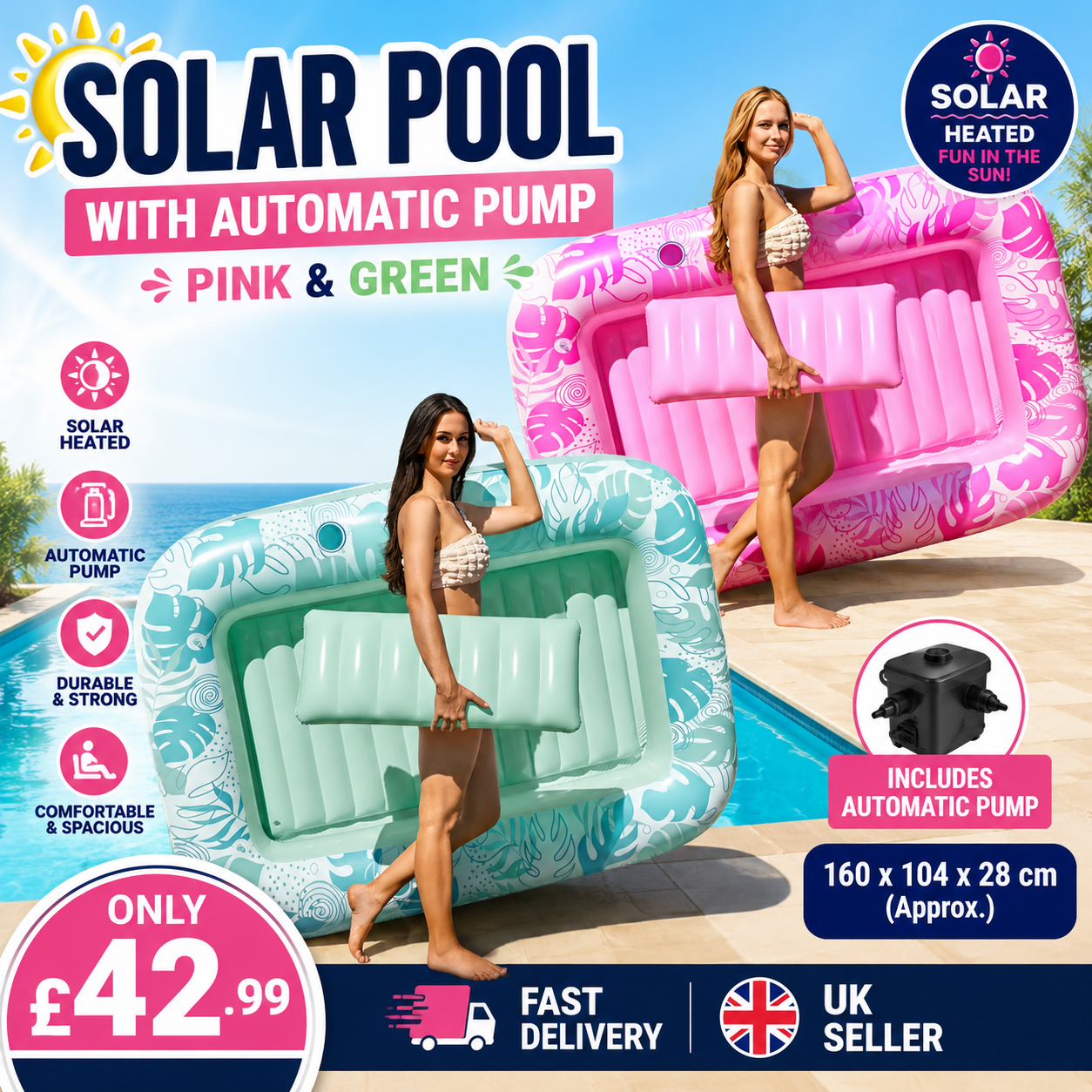 Solar Inflatable Family Pool with Automatic Pump | Pink & Green | Large Garden Swimming Pool | Fast UK Delivery