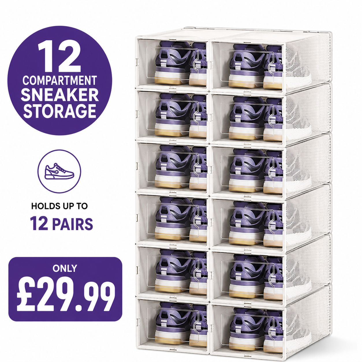 Large Shoe Storage Boxes 12 Pack White | Clear Plastic Sneaker Organizer with Self-Closing Door | Stackable Shoe Storage for Closet