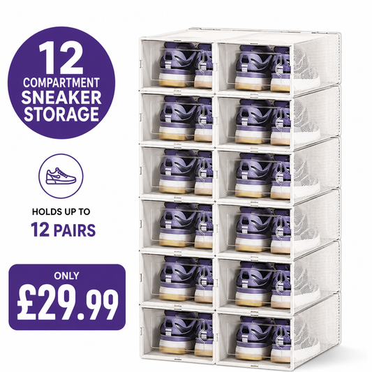 Large Shoe Storage Boxes 12 Pack White | Clear Plastic Sneaker Organizer with Self-Closing Door | Stackable Shoe Storage for Closet