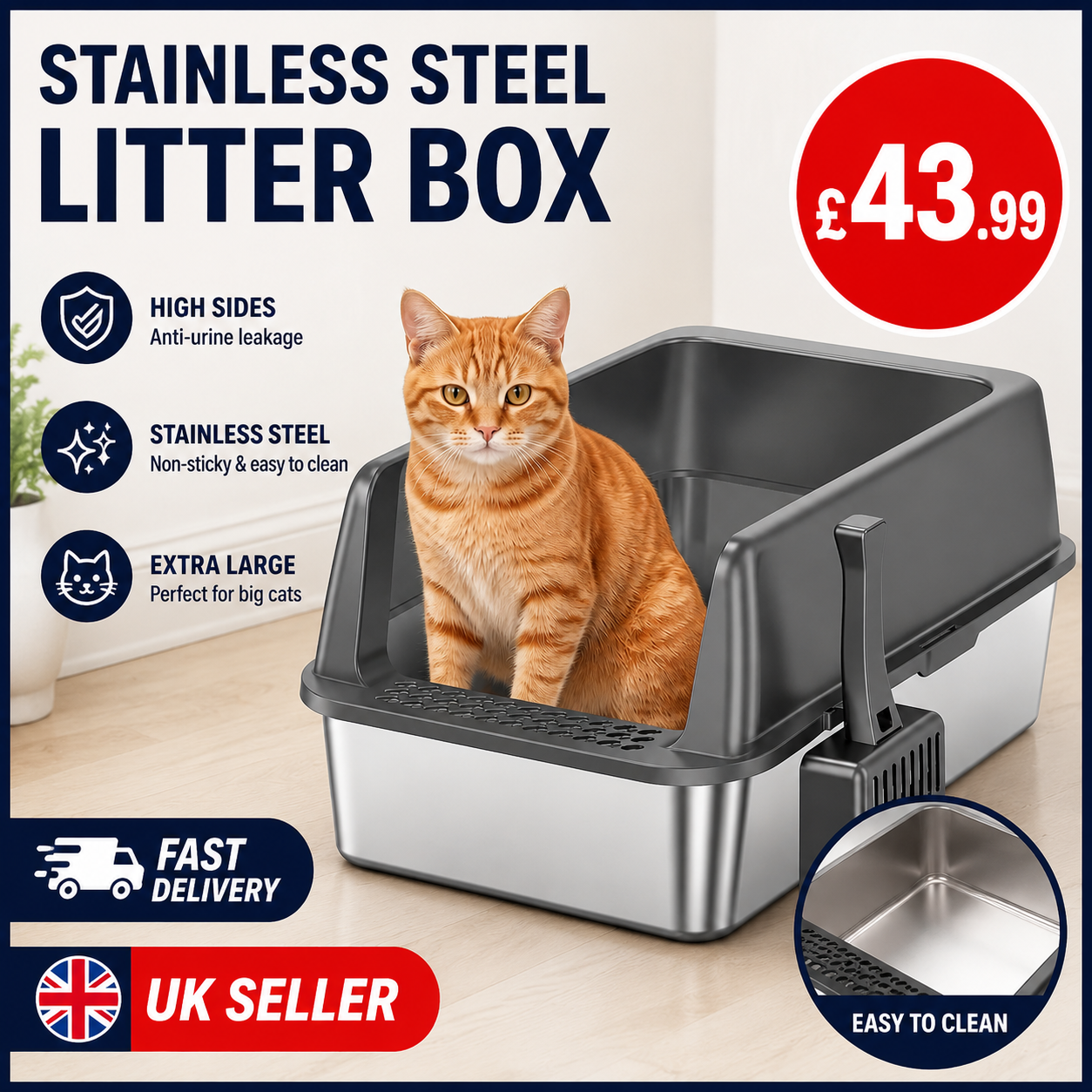 Extra Large Stainless Steel Cat Litter Box with Lid XL | High Sided Metal Litter Tray | Anti-Leak | Easy Clean | UK Seller