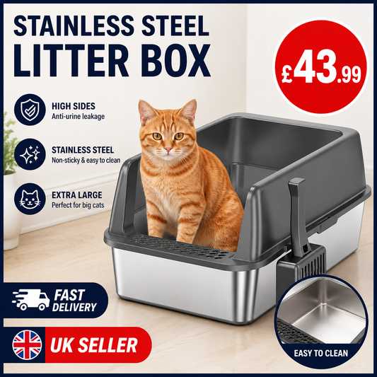 Extra Large Stainless Steel Cat Litter Box with Lid XL | High Sided Metal Litter Tray | Anti-Leak | Easy Clean | UK Seller