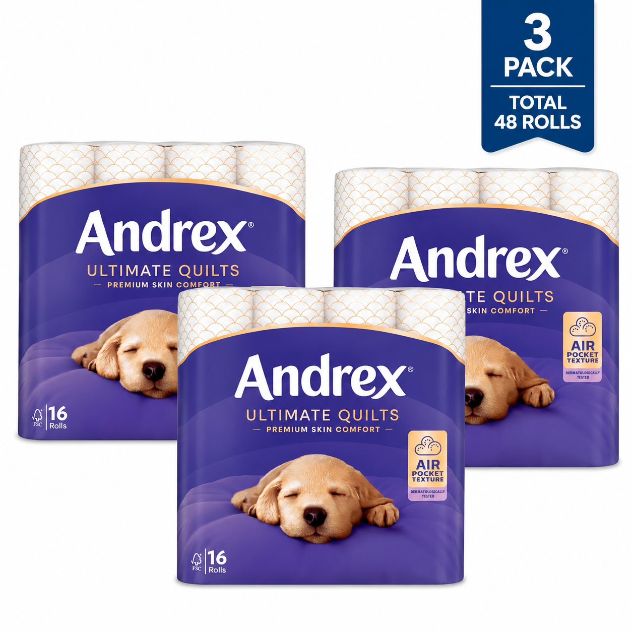 Andrex Ultimate Quilts Toilet Tissue 3 Ply 48 Rolls (3 x 16 Rolls) Premium Soft Toilet Paper | Fast UK Delivery